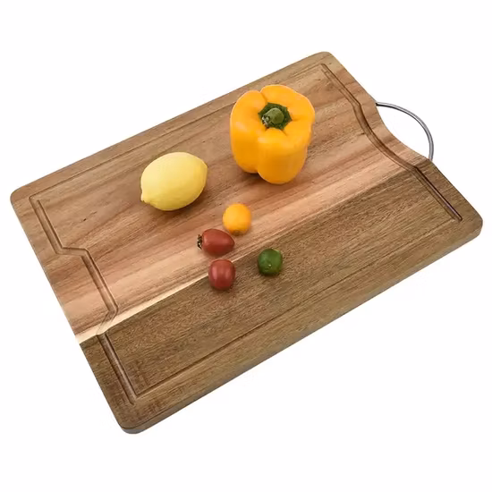 Rubber Wood Round Cutting Board with Stainless Steel Handles
