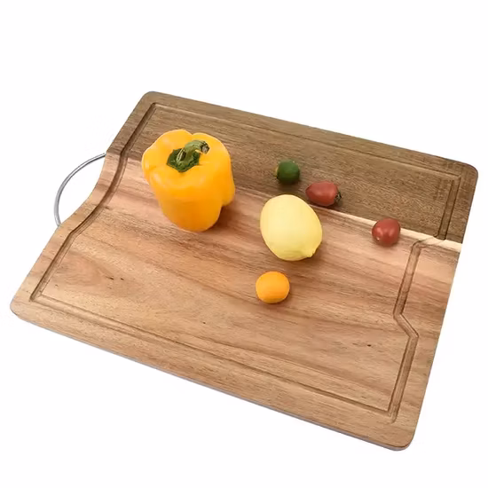 Rubber Wood Round Cutting Board with Stainless Steel Handles