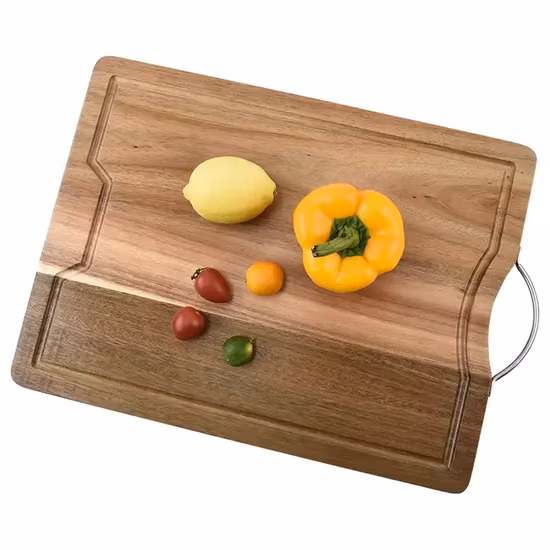 Rubber Wood Round Cutting Board with Stainless Steel Handles