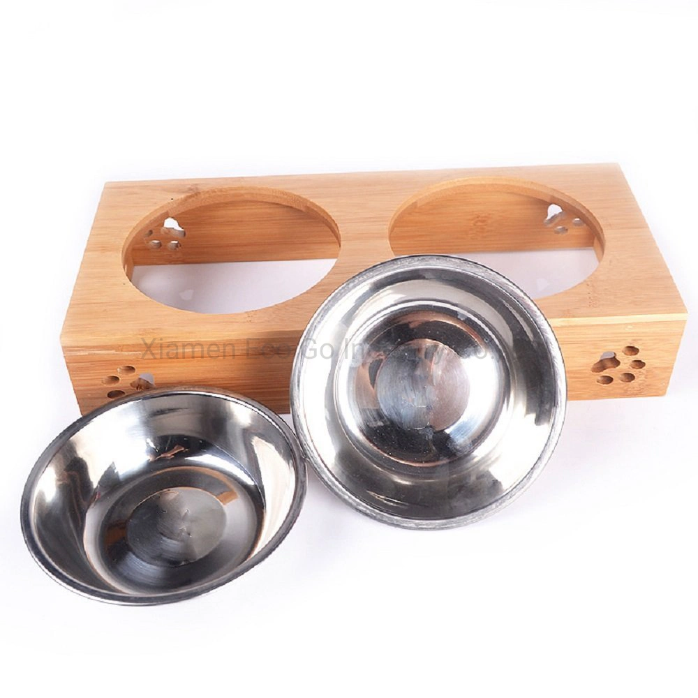 Small Dog and Cat Pet Feeder Bamboo Elevated Wooden Pet Bowls Double Bowl Pet Food Water Drink Dishes Feeder