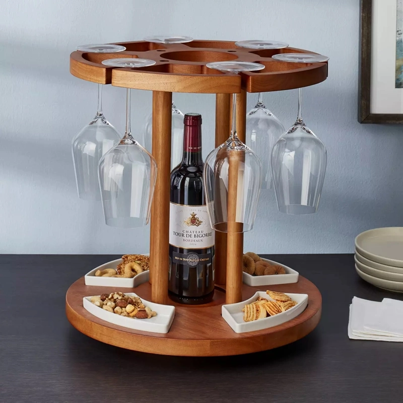 Wine Serving Carousel with Spinning Snack Tray Wooden Wine Glass Holder