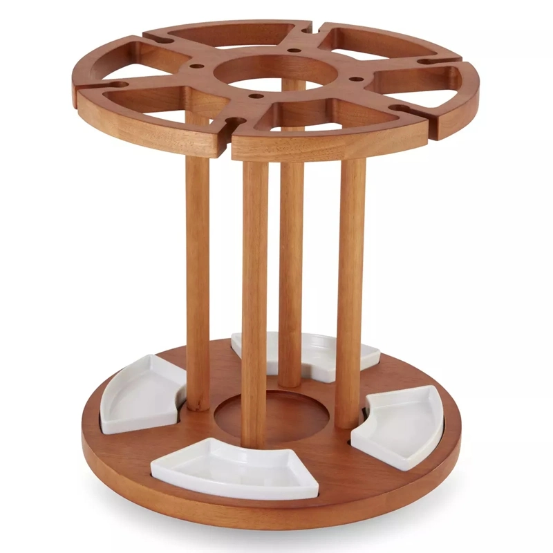 Wine Serving Carousel with Spinning Snack Tray Wooden Wine Glass Holder