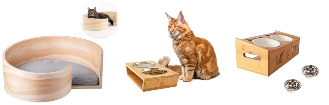 Bamboo Wood Pet Feeder with Lid Novel Pet Accessories