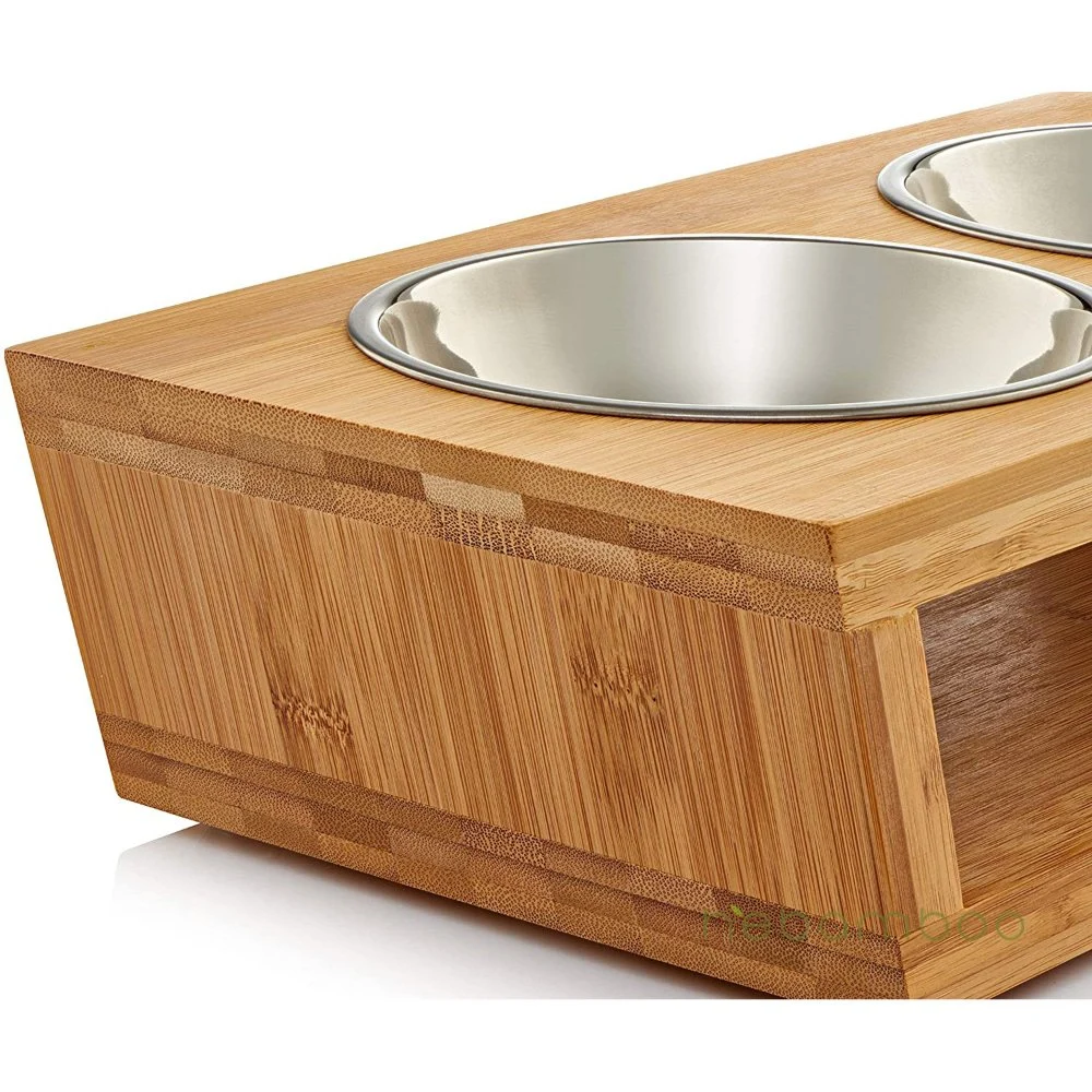 Whole Sale Wood Bamboo Elevated Dog Cat Pet Feeder with Stainless Steel Bowls