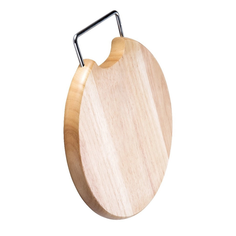 Rubber Wood Round Cutting Board with Stainless Steel Handles