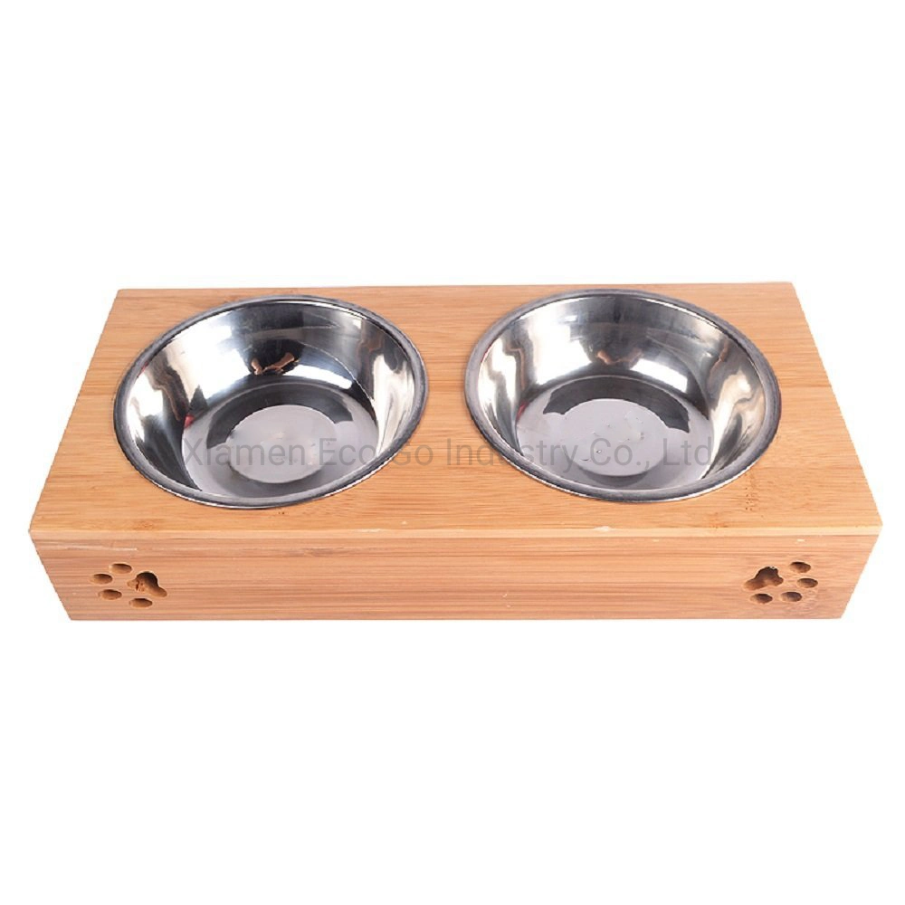 Small Dog and Cat Pet Feeder Bamboo Elevated Wooden Pet Bowls Double Bowl Pet Food Water Drink Dishes Feeder