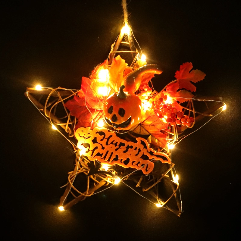 Creative Living Room Star Pumpkin Wall Hanging Round Wooden Wreath Halloween Interior and Exterior Decoration with LED