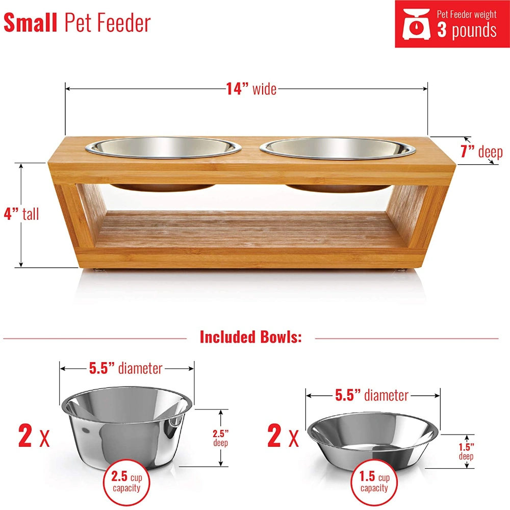 Whole Sale Wood Bamboo Elevated Dog Cat Pet Feeder with Stainless Steel Bowls