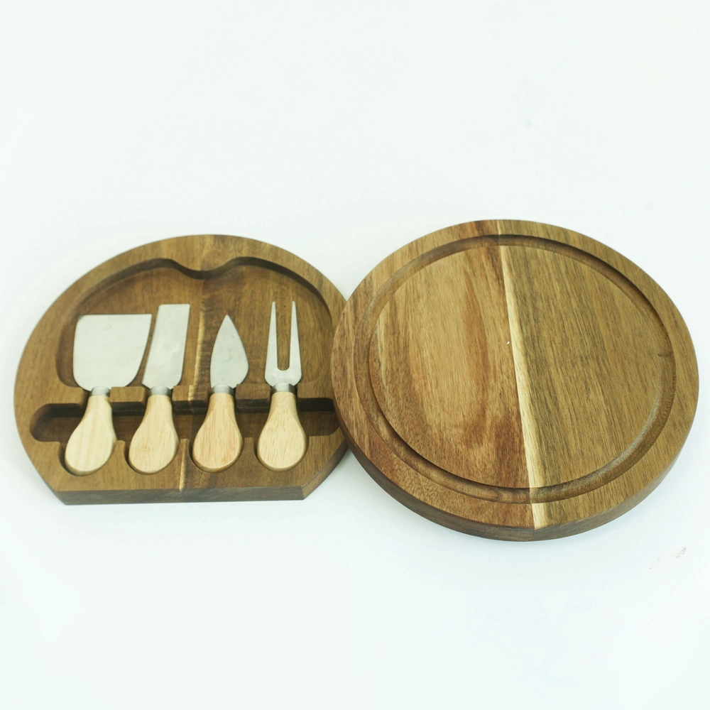 Swivel Small Round Wooden Cheese Board Charcuterie Board with 4 Knives