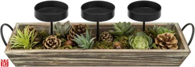 Metal Pillar Candle Holder Centerpiece with Torched Wood Display Tray