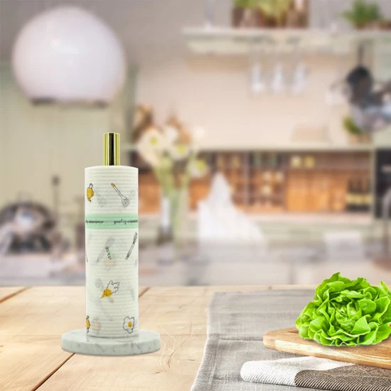 One Hand Easy Tear Kitchen Wooden Tissue Paper Towel Roll Holder with Non-Slip Marble Base Free Standing Under Cabinet