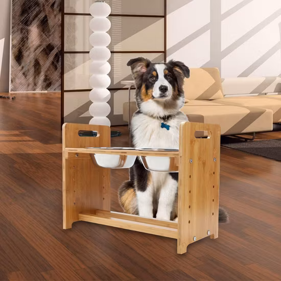 Whole Sale Wood Bamboo Elevated Dog Cat Pet Feeder with Stainless Steel Bowls
